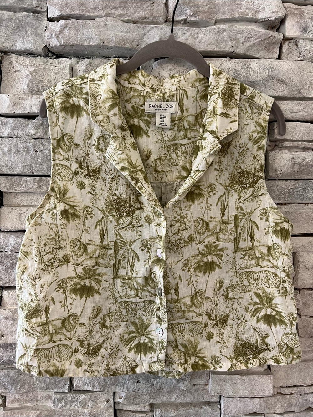 100% Linen Safari Print Button Down Sleeveless Tank Size Large Rachel Zoe